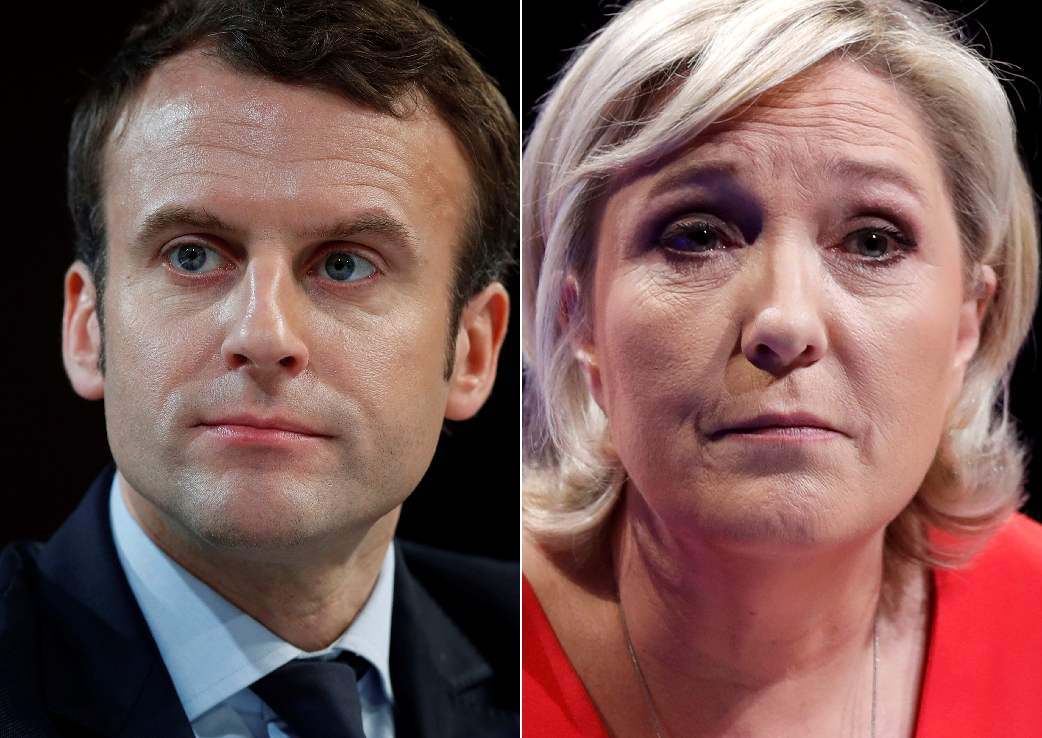 A combination picture shows portraits of the candidates, Macron and Le Pen, who will run in the second round in the 2017 French presidential election in France