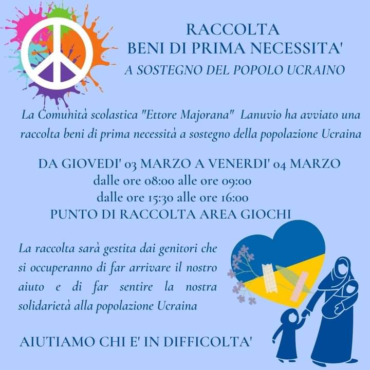 UCRAINA, A LANUVIO RACCOLTA DI BENI ALL’ISTITUTO MAJORANA