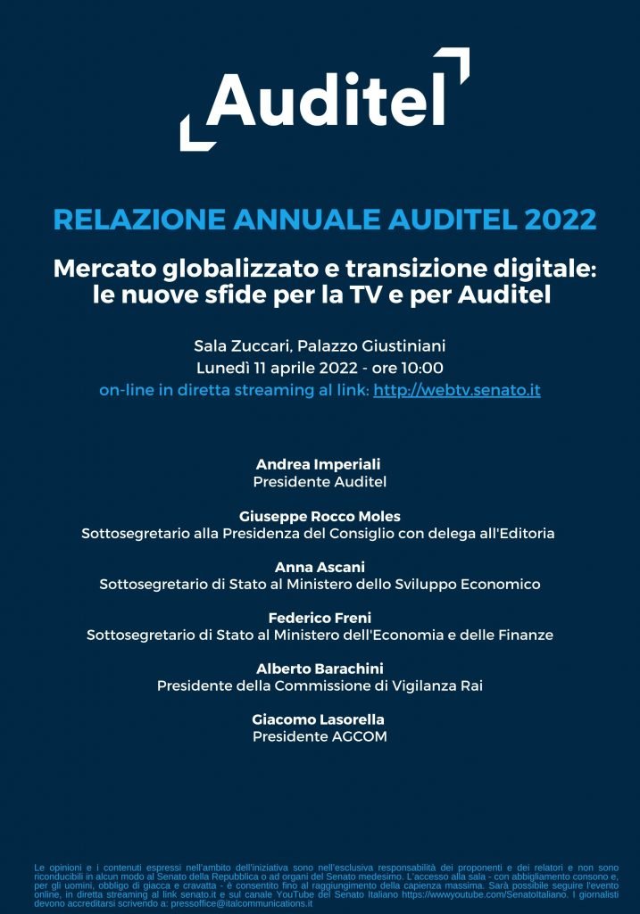 EVENTI, LUNEDI’ A ROMA PRESENTAZIONE DELLA RELAZIONE ANNUALE AUDITEL