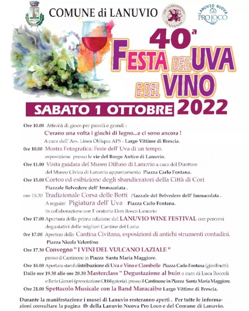 EVENTI, A LANUVIO LA 40^ EDIZIONE DELLA FESTA DELL’UVA E DEL VINO