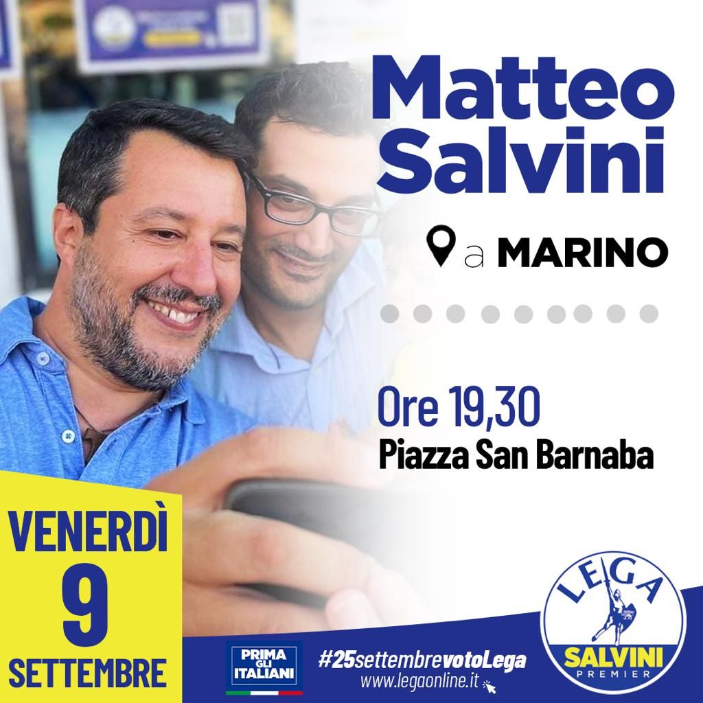 Elezioni, Matteo Salvini a Marino venerdì 9 settembre