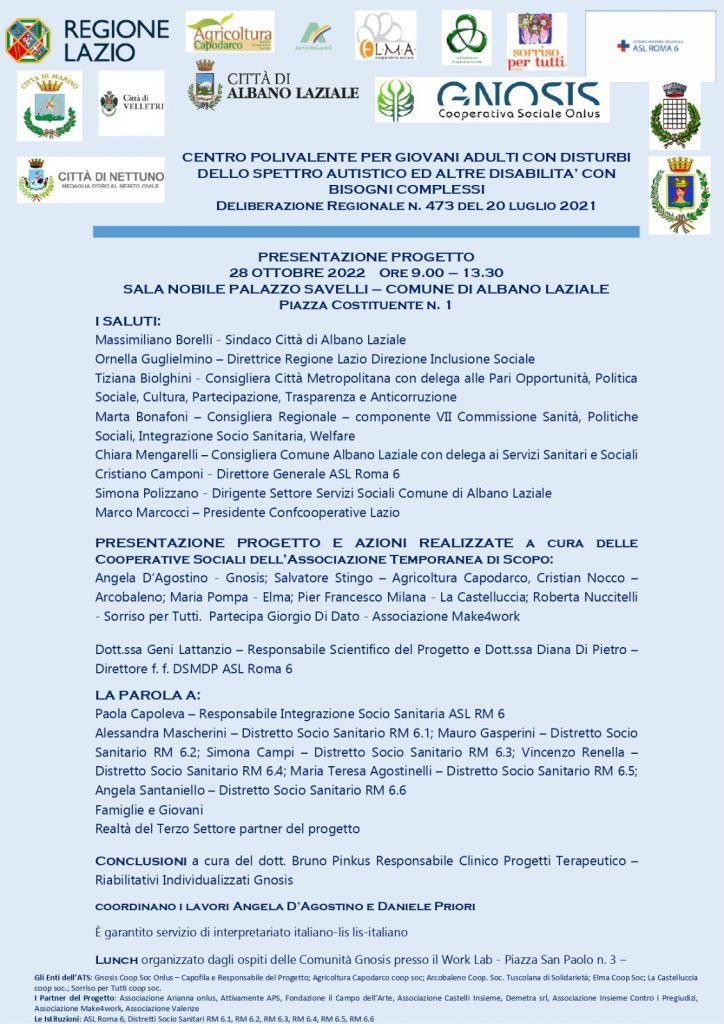SALUTE MENTALE, AD ALBANO LA PRESENTAZIONE DEL PRIMO CENTRO POLIVALENTE NEL LAZIO PER GIOVANI ADULTI AFFETTI DA AUTISMO