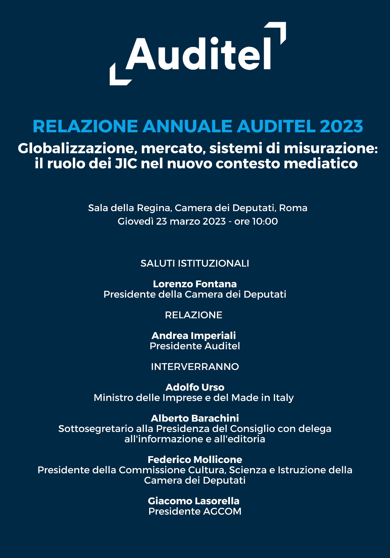 Presentazione della Relazione Annuale Auditel 2023  “Globalizzazione, mercato, sistemi di misurazione: il ruolo dei JIC nel nuovo contesto mediatico”