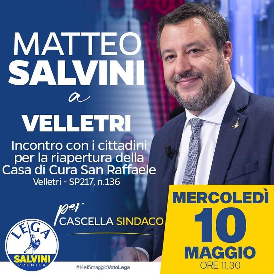 Velletri, mercoledì la visita di Matteo Salvini alla Casa di Cura San Raffaele
