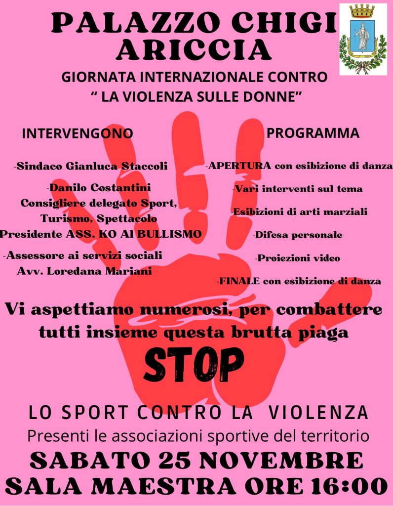 Ariccia, il 25 novembre a Palazzo Chigi “Lo sport contro lo violenza”
