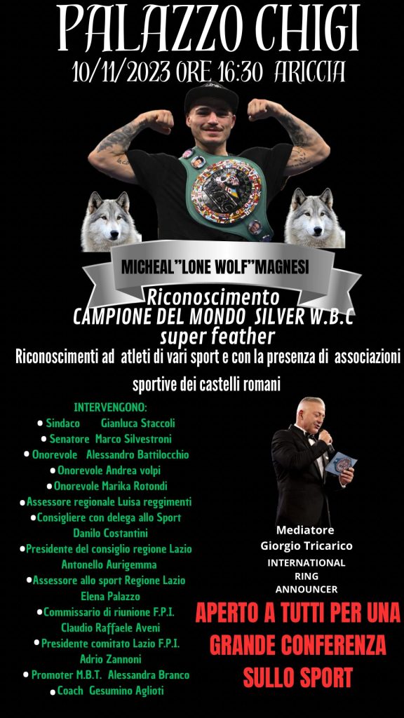 Ariccia, a Palazzo Chigi conferenza sullo Sport e riconoscimento del campione mondiale silver W.B.C.
