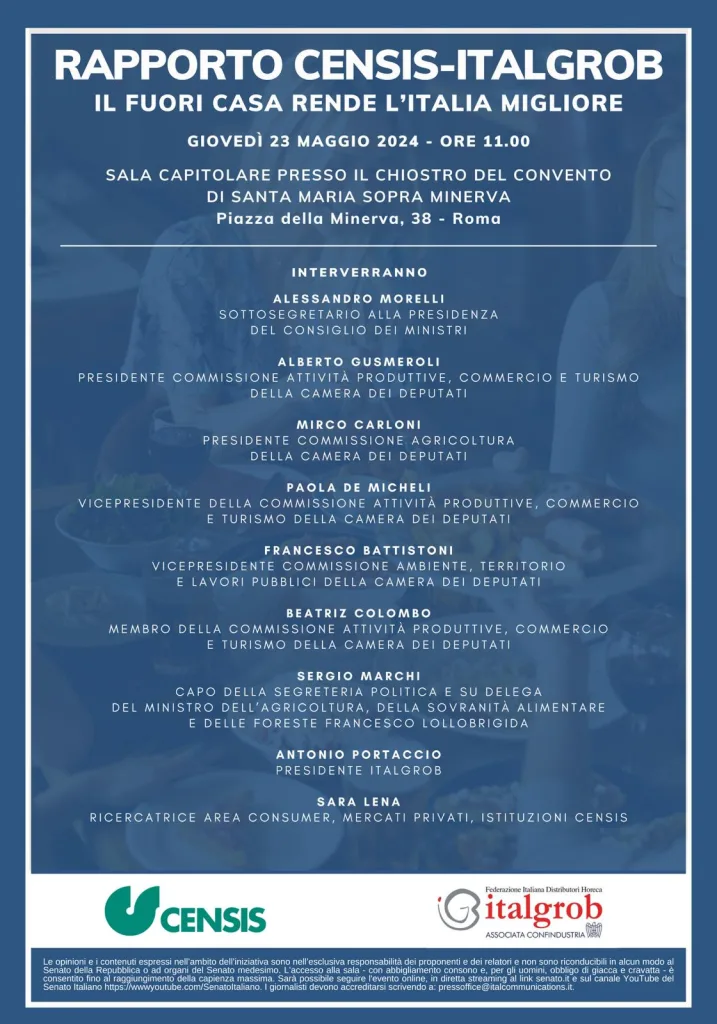 Al Senato la presentazione del Terzo Rapporto Italgrob-Censis “Il fuori casa rende l’Italia migliore”
