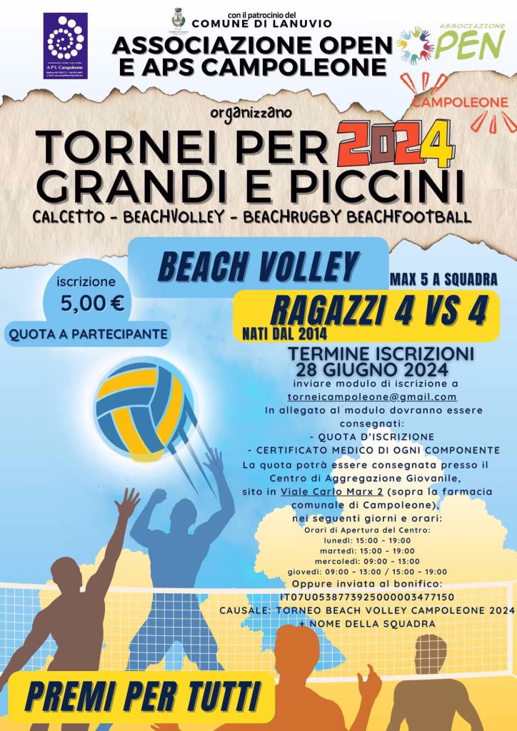 Sport , dal 30 giugno al 5 luglio a Campoleone (Lanuvio) tornei sulla sabbia per grandi e bambini
