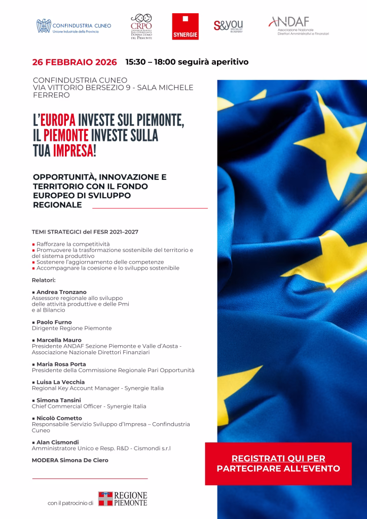 A Cuneo Synergie Italia presenta “L’Europa investe sul Piemonte, il Piemonte investe sulla tua impresa! Opportunità, innovazione e territorio con il Fondo europeo di sviluppo regionale”