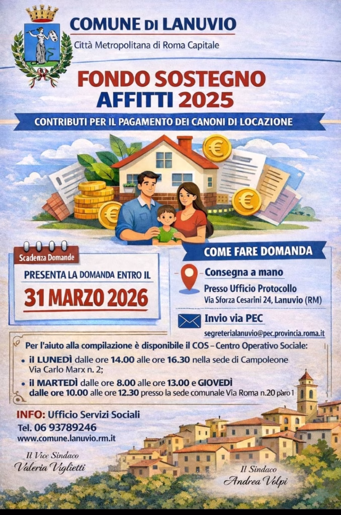LANUVIO, FONDO SOSTEGNO AFFITTI 2025