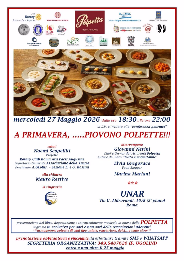 Nuovi Castelli Romani, “A Primavera, …..Piovono Polpette!!!”: il 27 maggio a Roma presso UNAR una conferenza gourmet con Giovanni Nerini e la presentazione del libro “Tutto è polpettabile”