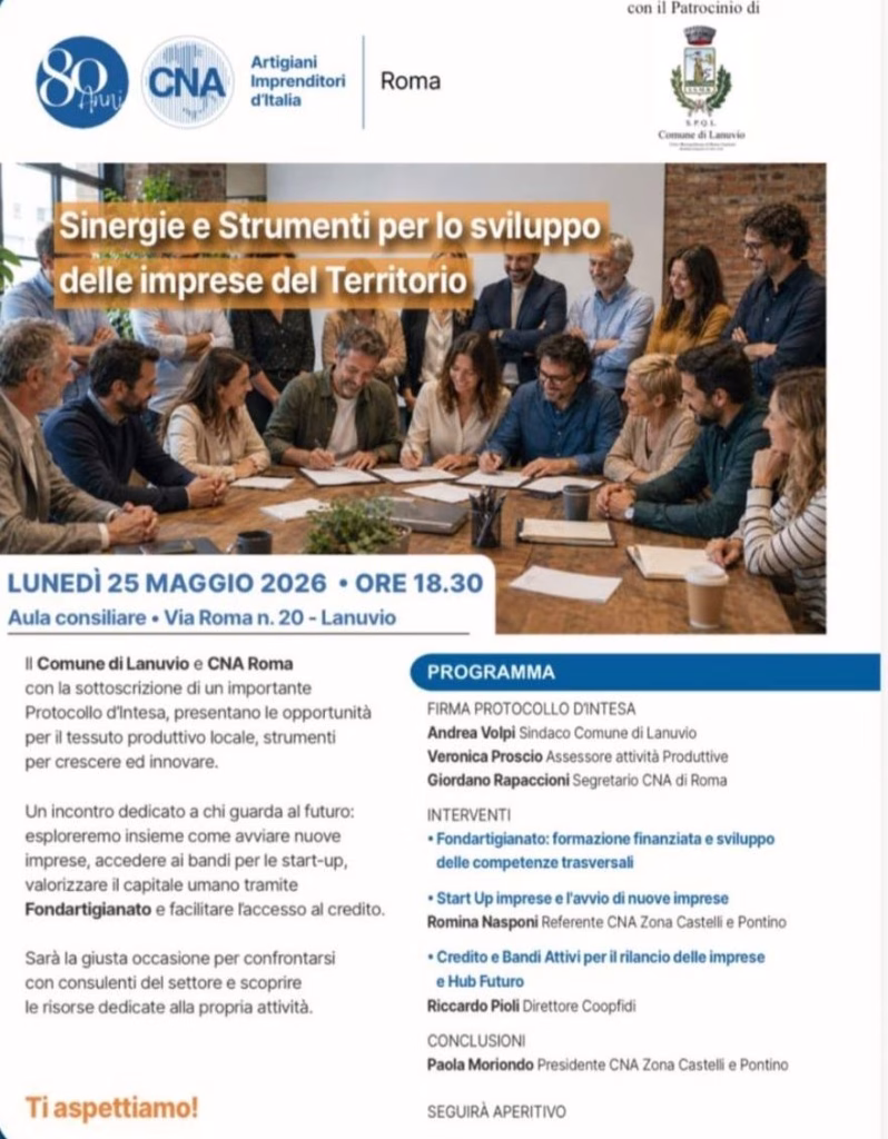 Lanuvio, Protocollo d’Intesa con CNA Roma: nuove opportunità per lo sviluppo delle imprese del territorio