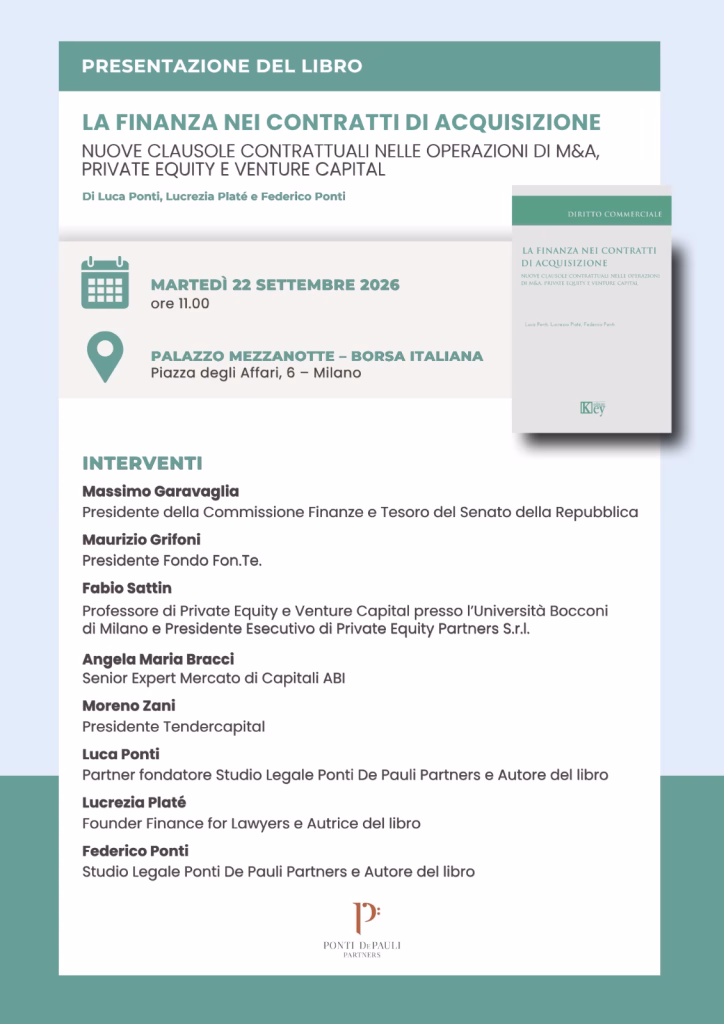 A Milano la presentazione del libro “La Finanza nei contratti di acquisizione. Nuove clausole contrattuali nelle operazioni di M&A, Private Equity e Venture Capital”