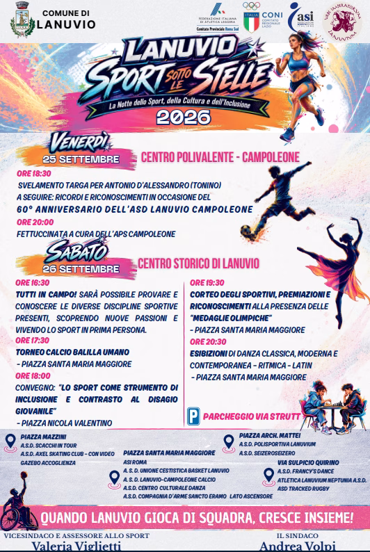 LANUVIO: IL 25 E IL 26 SETTEMBRE L’EVENTO “SPORT SOTTO LE STELLE”, DUE GIORNI TRA SPORT, MEMORIA E INCLUSIONE