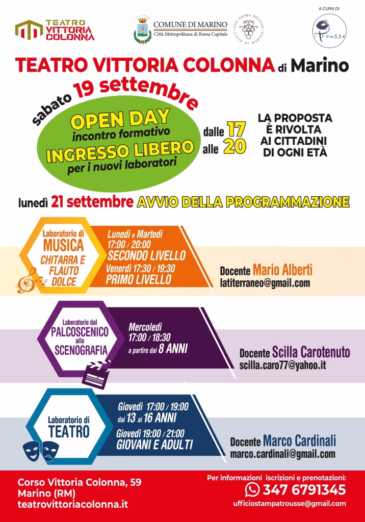 Marino, il Comune e l’Associazione culturale Trousse aprono il Teatro Vittoria Colonna a tutti. Sabato 19 settembre l’open day pomeridiano.