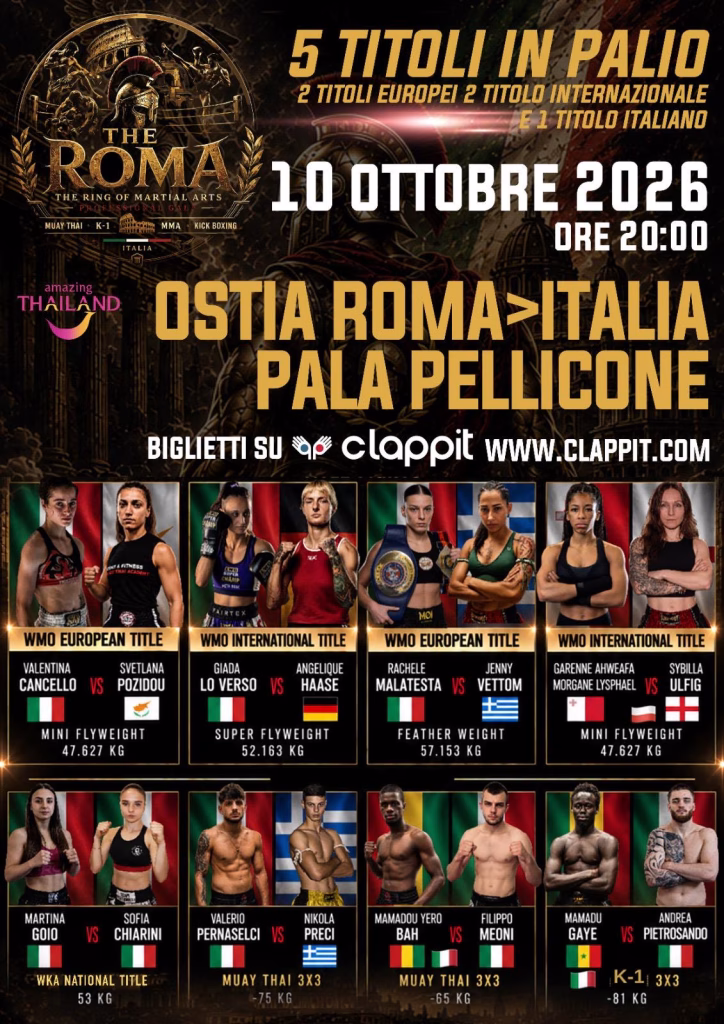 Tutti i risultati di The R.O.M.A., gran galà capitolino di muay thai e K1. Nell’europeo “feather weight” WMO vince la romana Rachele Malatesta.