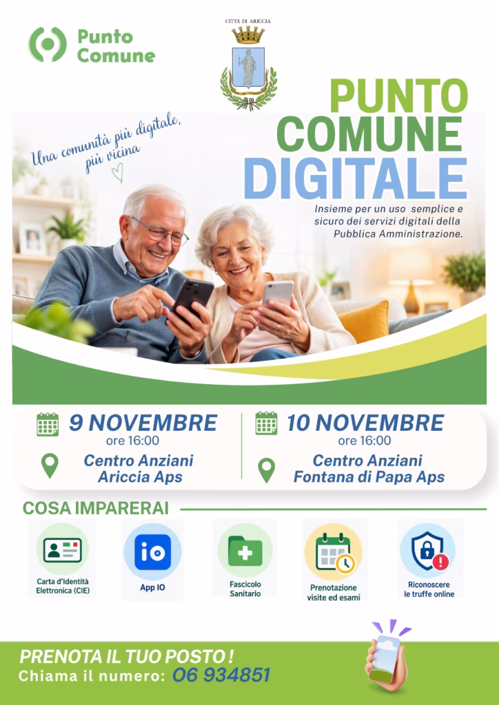 Al via PUNTO COMUNE DIGITALE, il nuovo progetto della Città di Ariccia: la facilitazione digitale esce e arriva sul territorio. Si parte con i Centri anziani