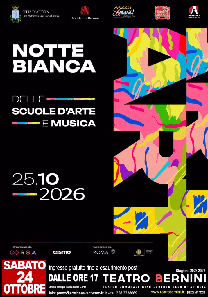 La “Notte Bianca Diffusa delle Scuole d’Arte del Lazio 2026” al Teatro Bernini di Ariccia Notte Bianca Diffusa delle Scuole d'Arte del Lazio 2026